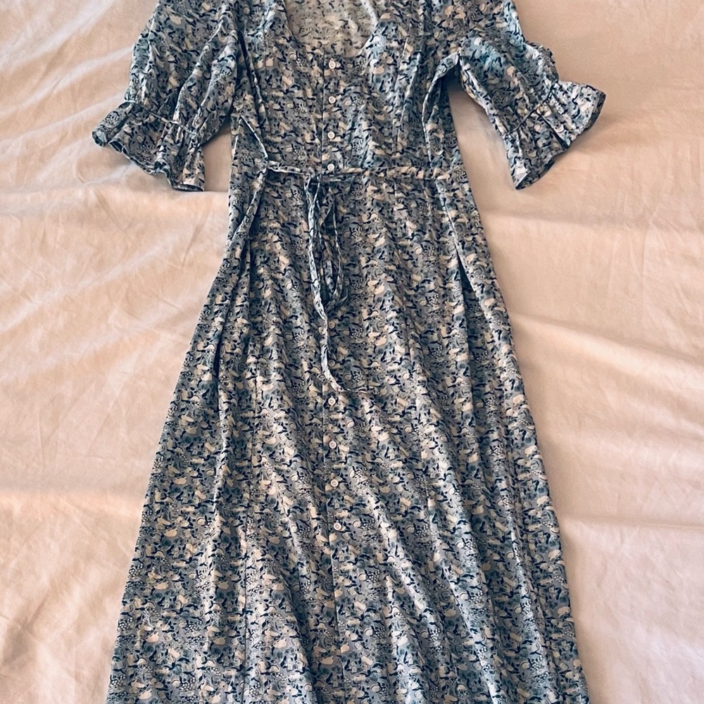 Christy Dawn Blue and White Maxi Sundress with Ruffled Tie Front